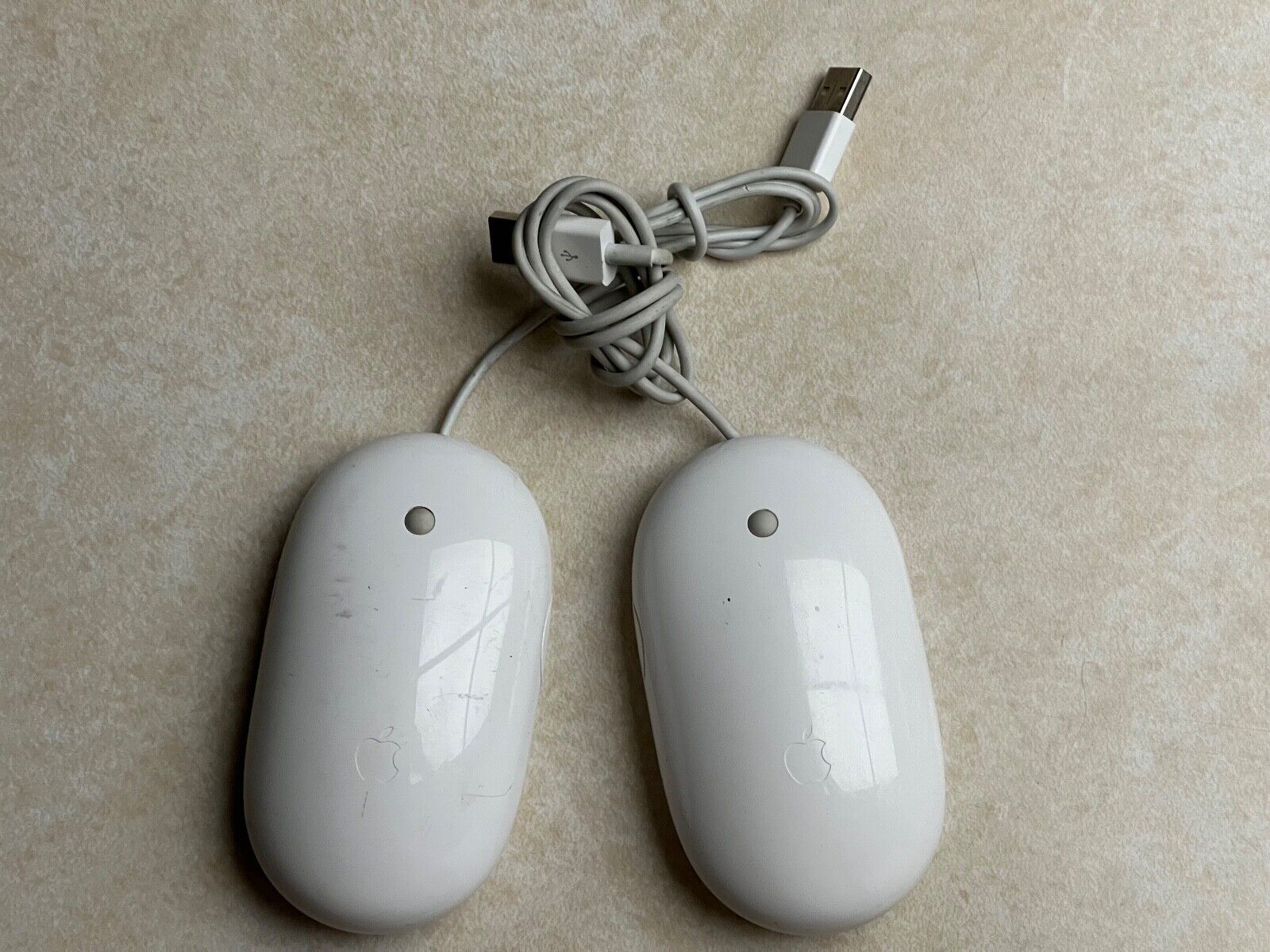 LOT OF TWO Genuine Apple A1152 USB Wired Mighty Mouse White EMC 2058 iMac Mac