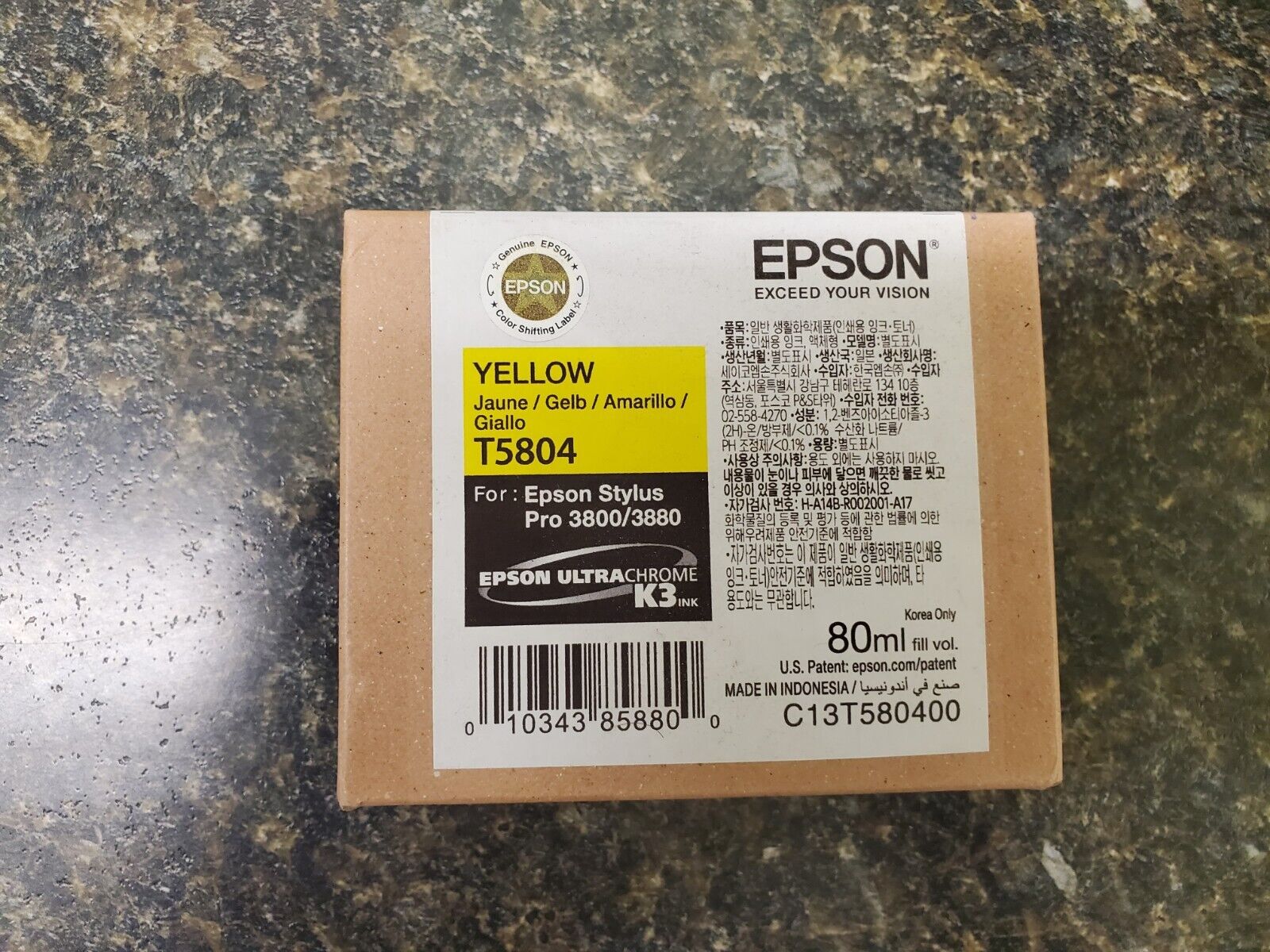 New in Box Exp 11-2021 Genuine Epson Pro 3800 3880 Yellow K3 Ink T5804 T580400