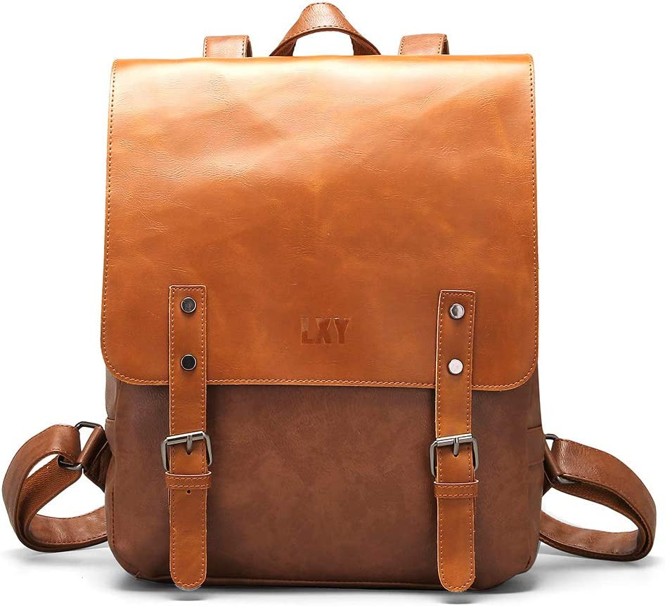 LXY Vegan Leather Backpack Vintage Laptop Bookbag for Women Men, Brown 
