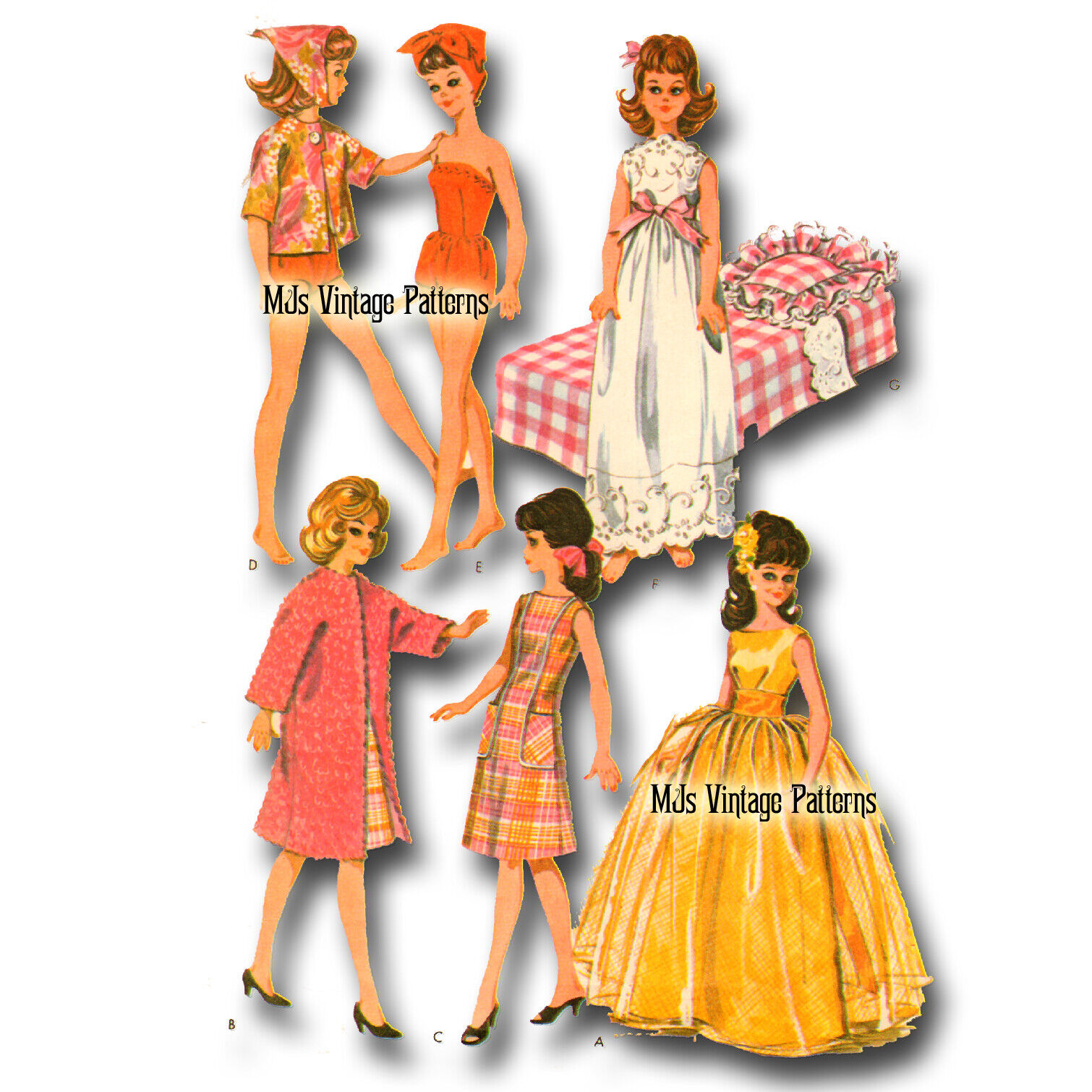 Vtg 60s Doll Pattern ~ Bed, Pillow, Coverlet ~ Tammy, Misty, Barbie, Jan, Terri