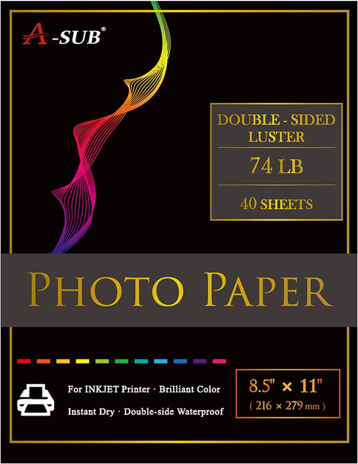 A-SUB Premium Double Sided Photo Paper Luster 8.5 x 11 Inch 74lb for Inkjet 40