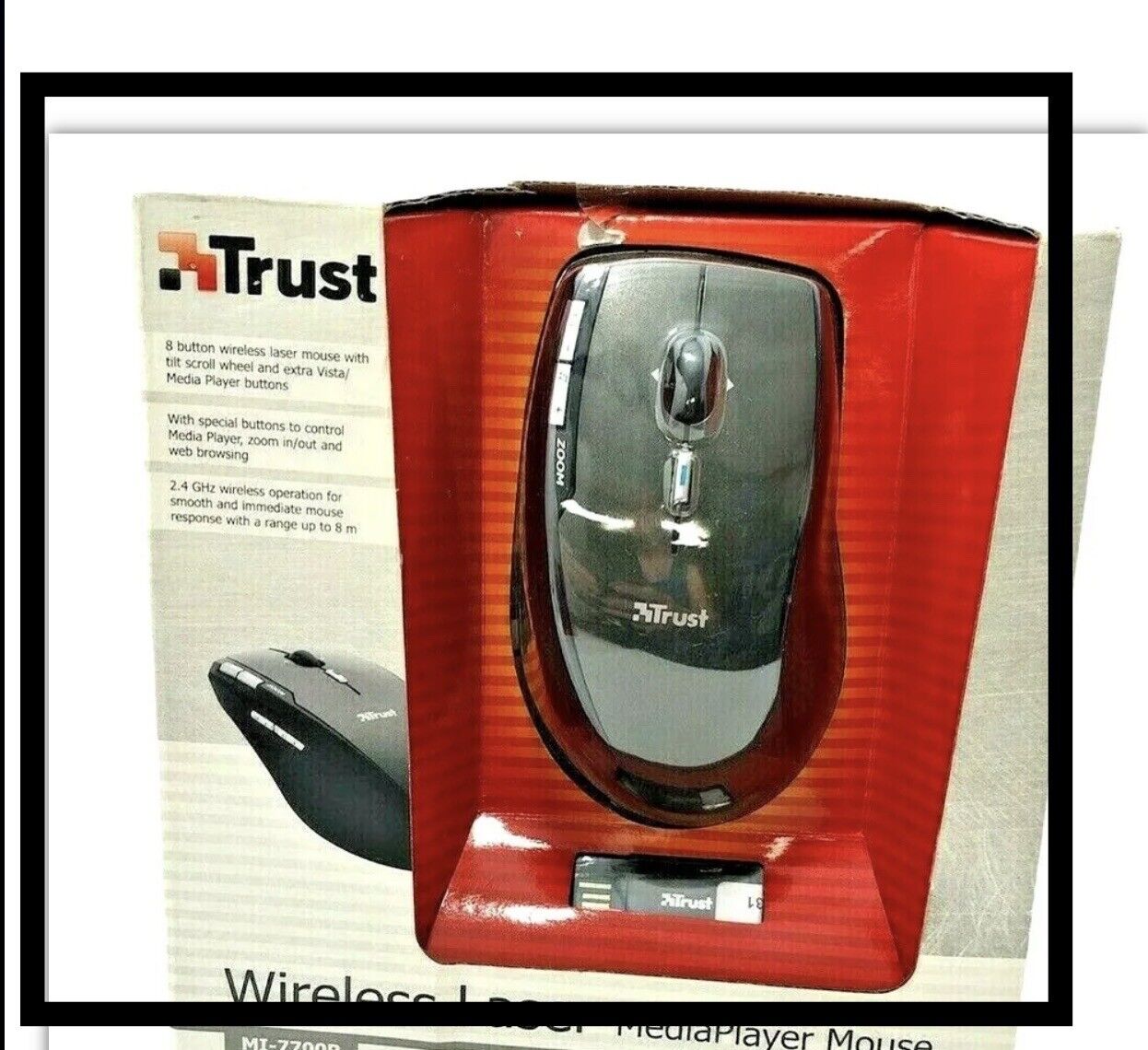 TRUST Wireless Laser Media Player Mouse Tilt wheel New NOS 8 Button 