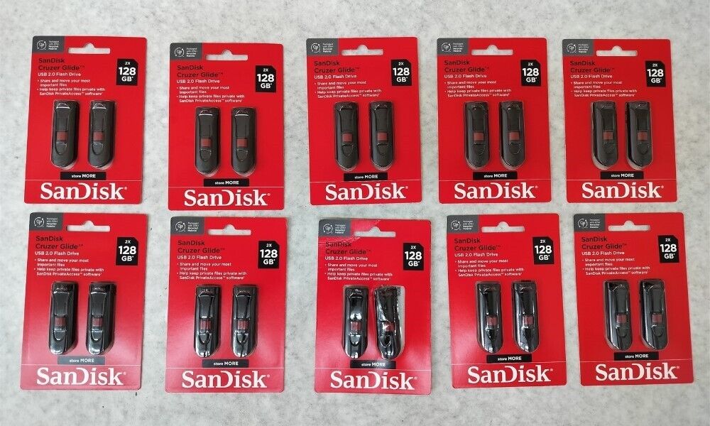 (Lot of 10) 2Pk SanDisk Cruzer Glide USB 2.0 Flash Drive 128GB SDCZ60-128G-AW462