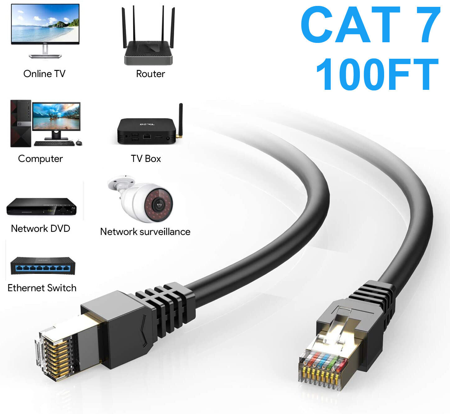 100FT CAT7 S/FTP Network Outdoor UV Copper IP PoE Ethernet Cable Waterproof RJ45