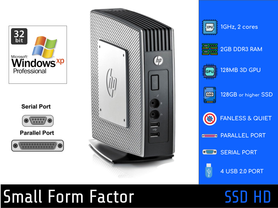 HP PC, 1GHz CPU, 128GB+ SSD, Parallel Port and Serial, Windows XP PRO SP3 32-Bit