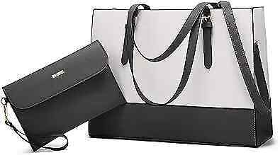 Laptop Bag for Women 15.6 inch Laptop Tote Bag Leather Classy Black-beige