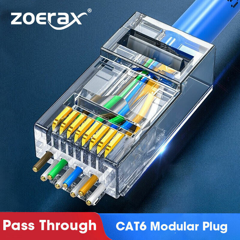 ZoeRax Cat6 CAT5e Pass Through RJ45 Modular Plug Network Connectors 30UM 1.2mm