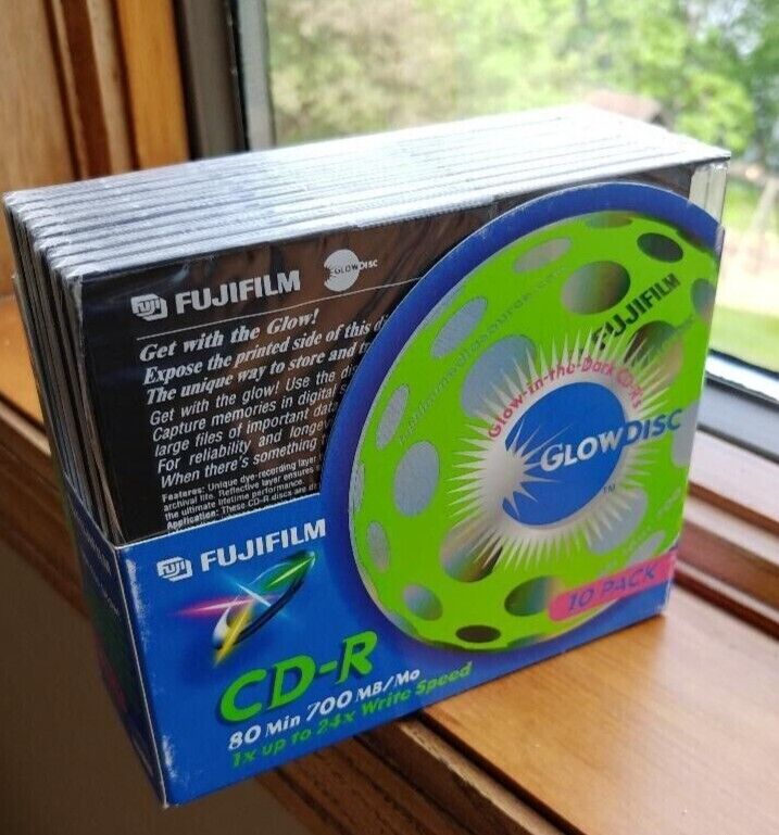 NEW (10) Vtg Fujifilm GlowDisc GLOW IN THE DARK CD-R 700MB 80 min Blank CDs