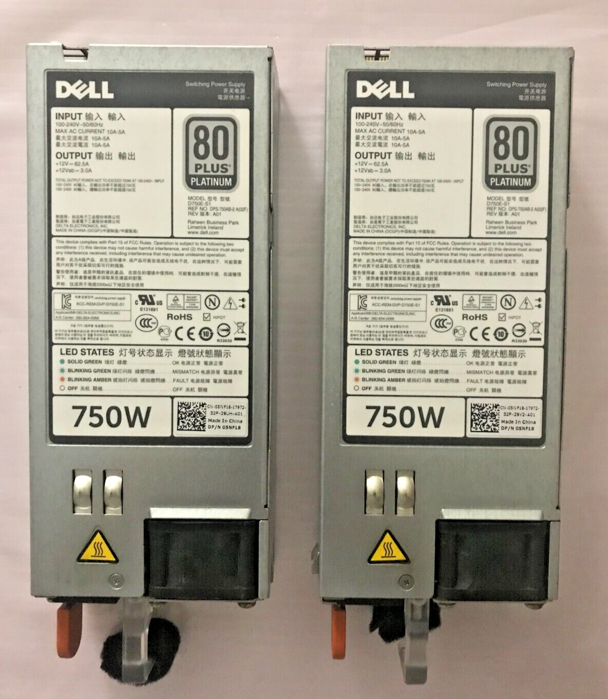 LOT X2  Dell D750E-S1 / DPS-750AB-2  750W 80 Plus Platinum Power Supply (05NF18)