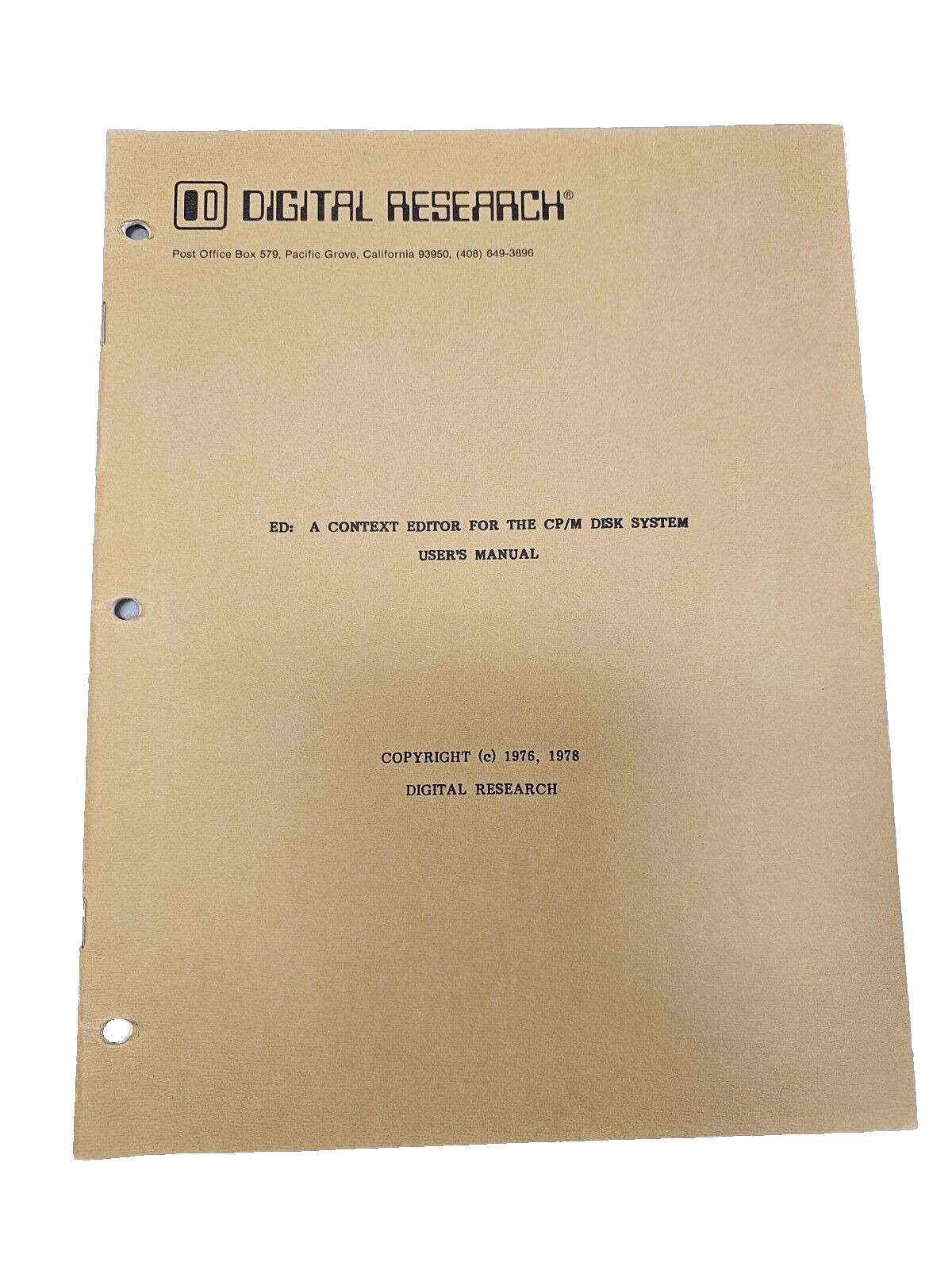 Vintage 1978 Digital Research Context Editor for CP/M Disk System User's Manual