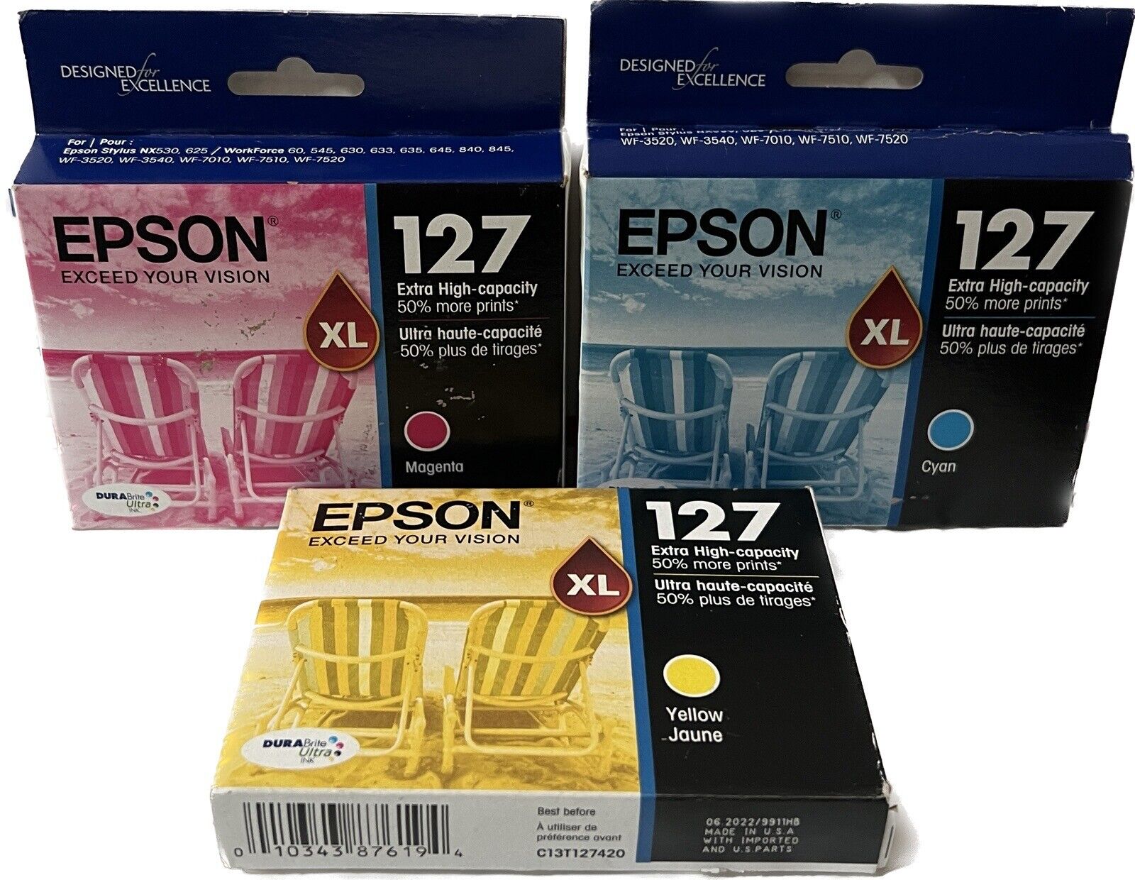 3 Genuine Epson 127XL Cyan Magenta Yellow Ink Cartridges 2022
