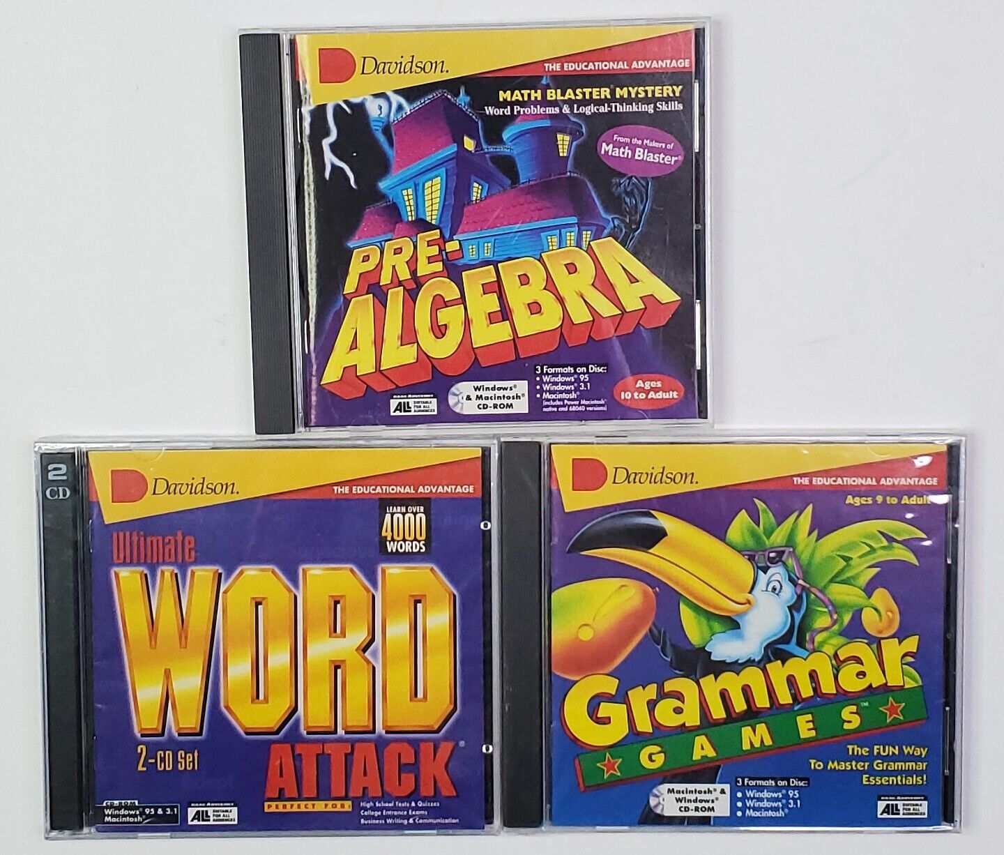 Davidson CD Rom Pre Algebra Math Blaster Mystery Word Attack Grammar Games New