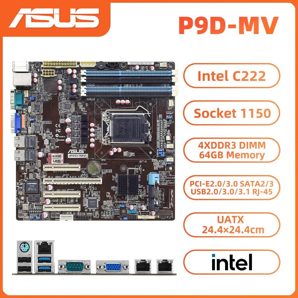 ASUS P9D-MV Motherboard uATX Intel C222 LGA1150 DDR3 32GB SATA2/3 USB3.1 RJ45