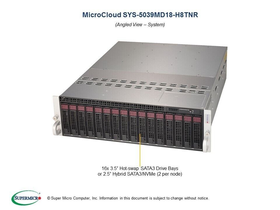 Supermicro SYS-5039MD18-H8TNR MicroCloud Server 8-Node 18-Core NEW IN STOCK