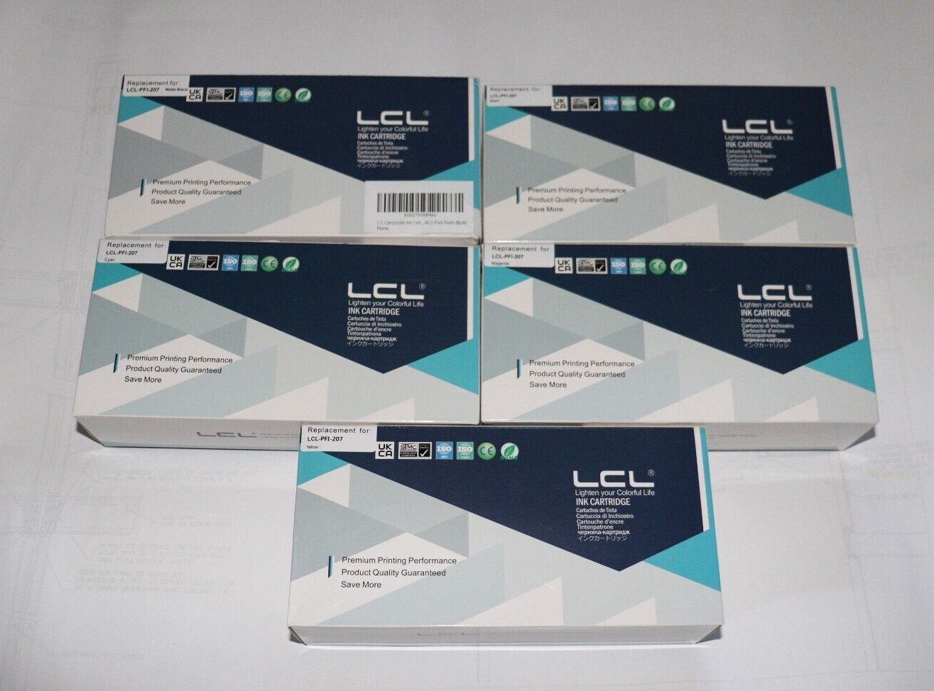 Full Set of LCL-PFI-207 Ink cartridges. Set of 5.