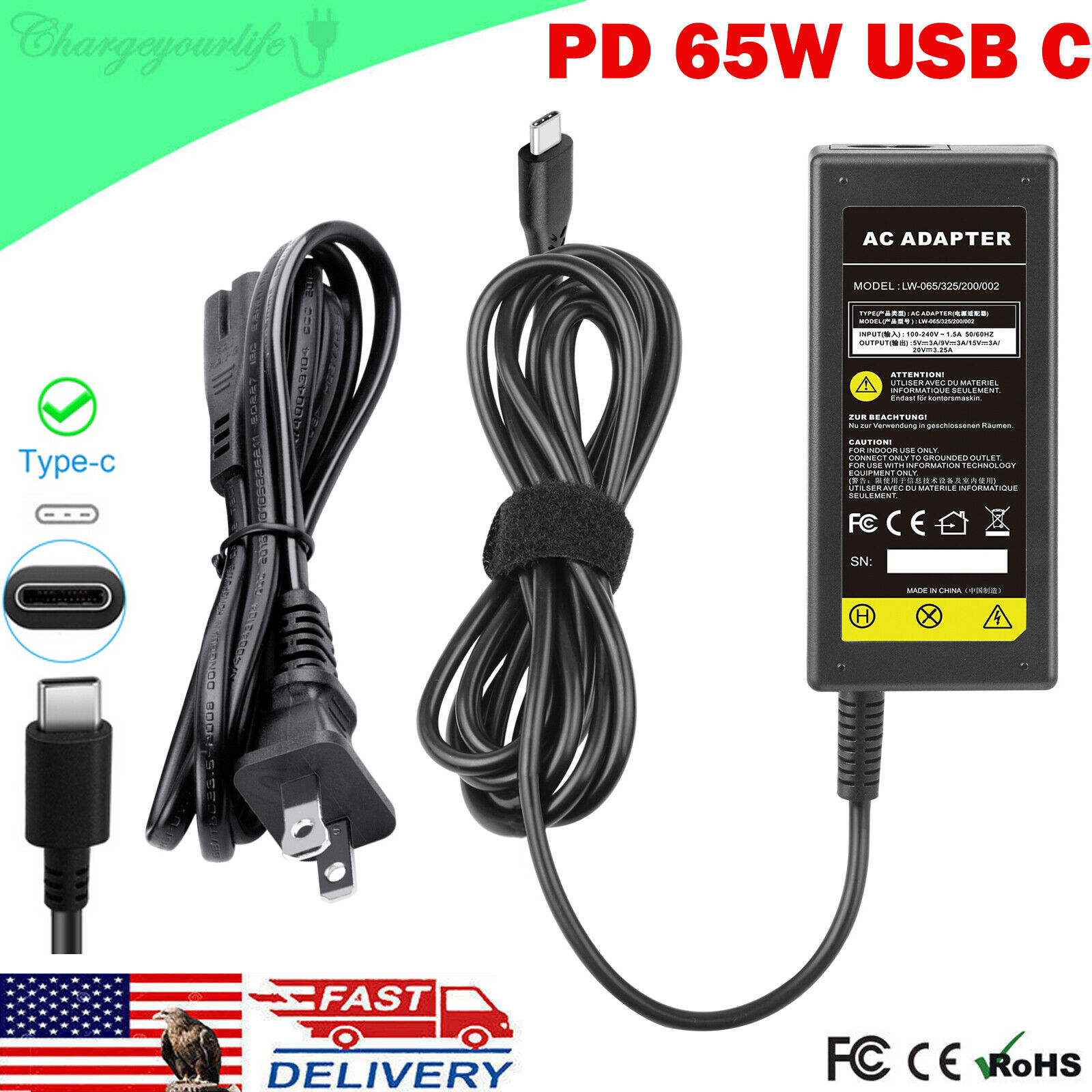 65W USB C Type C For DELL HP Chromebook Lenovo/Acer/Samsung Power Laptop Charger