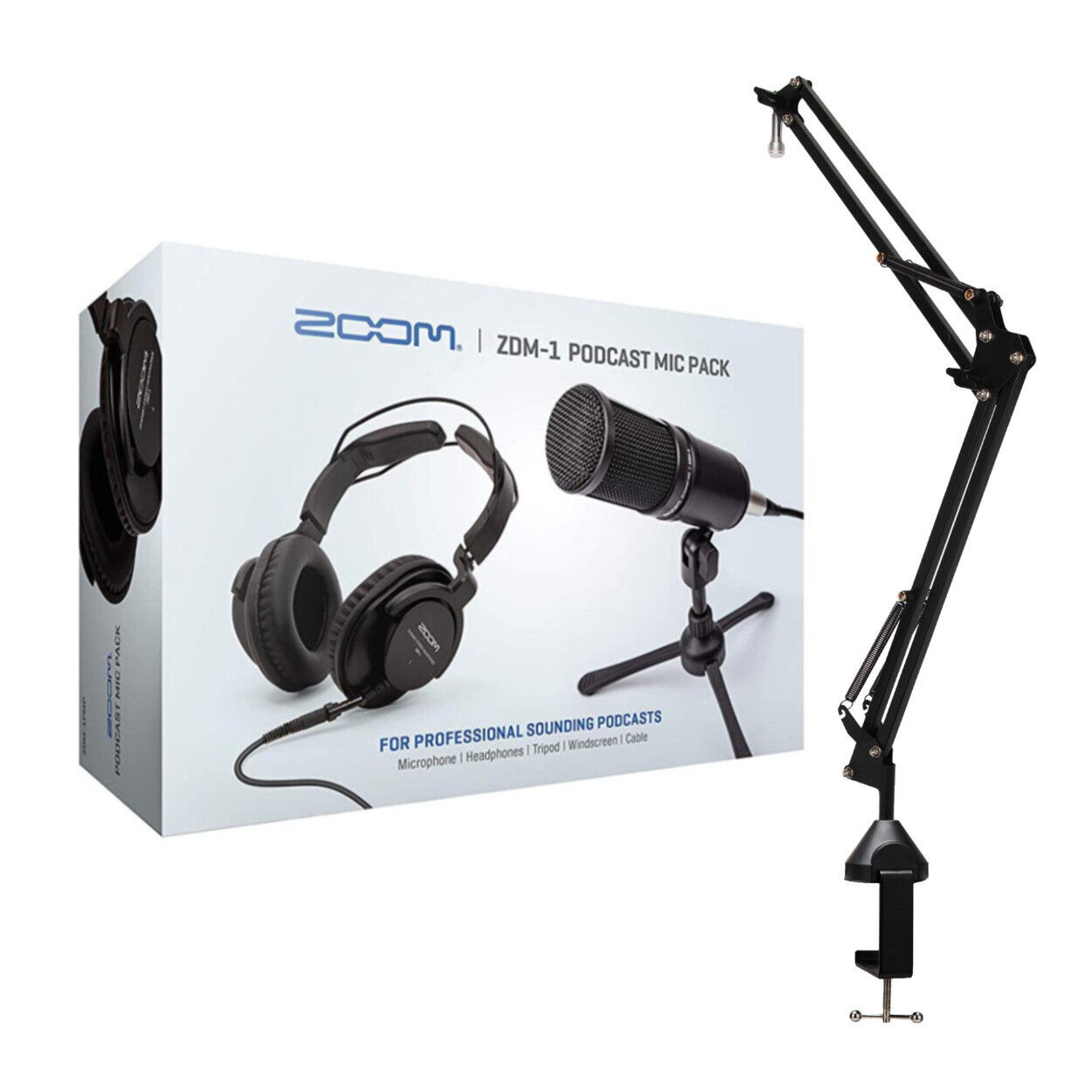 Zoom ZDM-1 Podcast Microphone Pack Accessory Bundle and Knox Gear Boom Arm