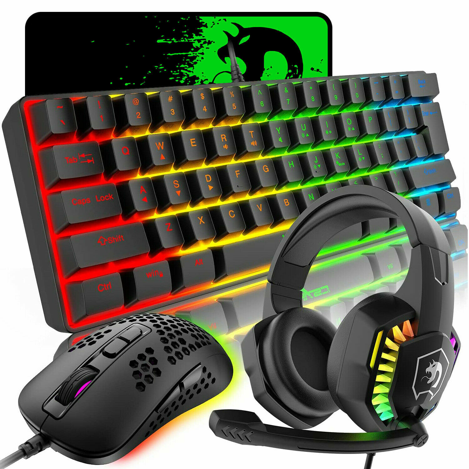 Wired Gaming Keyboard Mouse and Headset set 61 Keys RGB Backlit Mechanical Feel