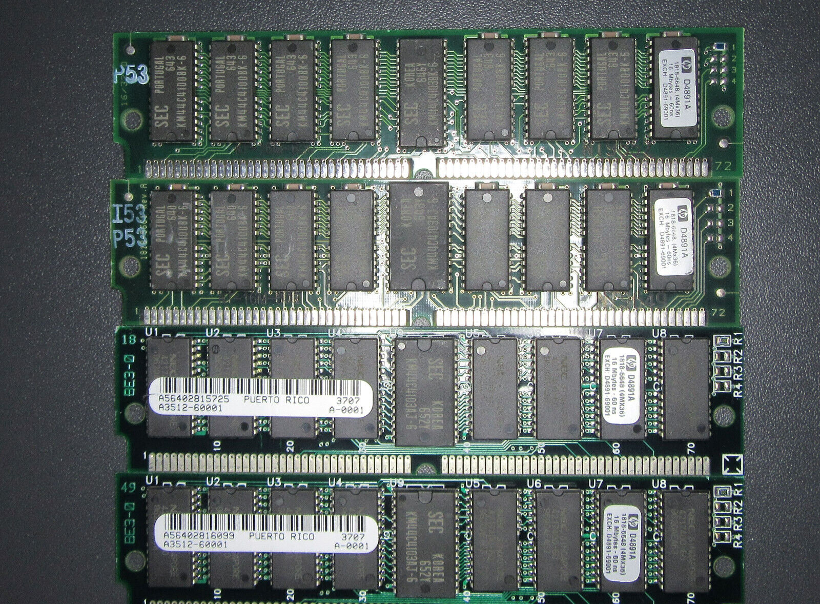 Lot of 4Pcs Vintage HP D4891A 16MB Parity 60ns 72-Pin SIMM Memory Module