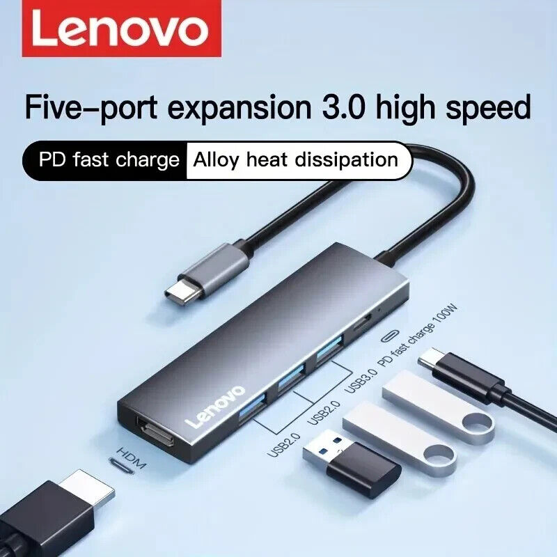 Lenovo 5 in 1 USB Hub w/4K HDMI, 5-Ports USB 3.0 Hub Data USB Splitter,Brand New