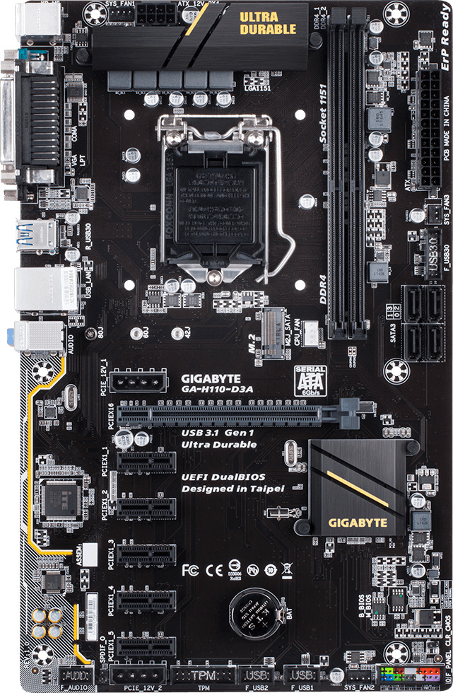 FOR Gigabyte GA-H110-D3A Motherboard 6-GPU Mining Mainboard LGA1151 DDR4 LPT VGA