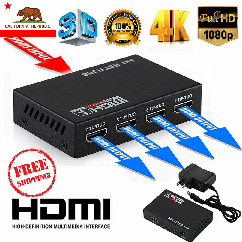 Full HD HDMI Splitter Amplifier Repeater 1080p 4K 4 Port Hub 1in 4out