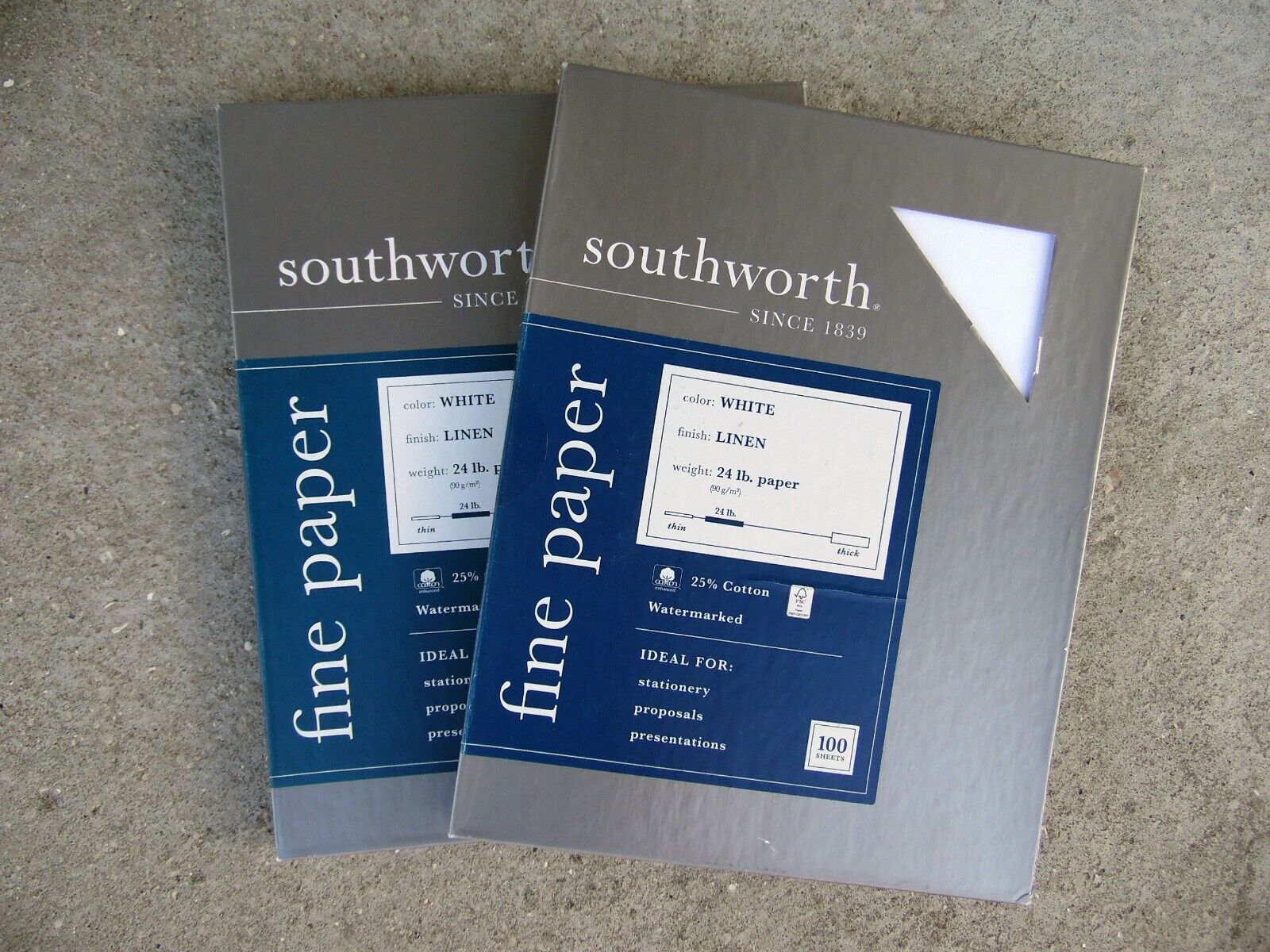 2 Boxes of 100 Sheets Southworth 25% Cotton Linen Paper White 24 lbs. 8-1/2x11