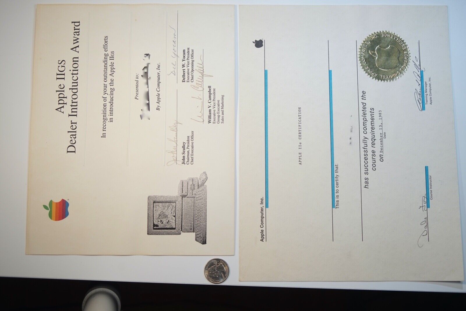 2 Rare Original Vintage Apple Computer Dealer Awards Certificates, w/ Signatures