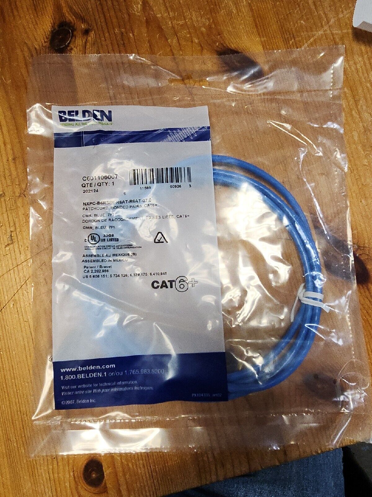 BELDEN CAT6+ Patch Cord, Bonded-Pair, 4 Pair, 24 AWG Solid, CMR, Blue, 7 ft.