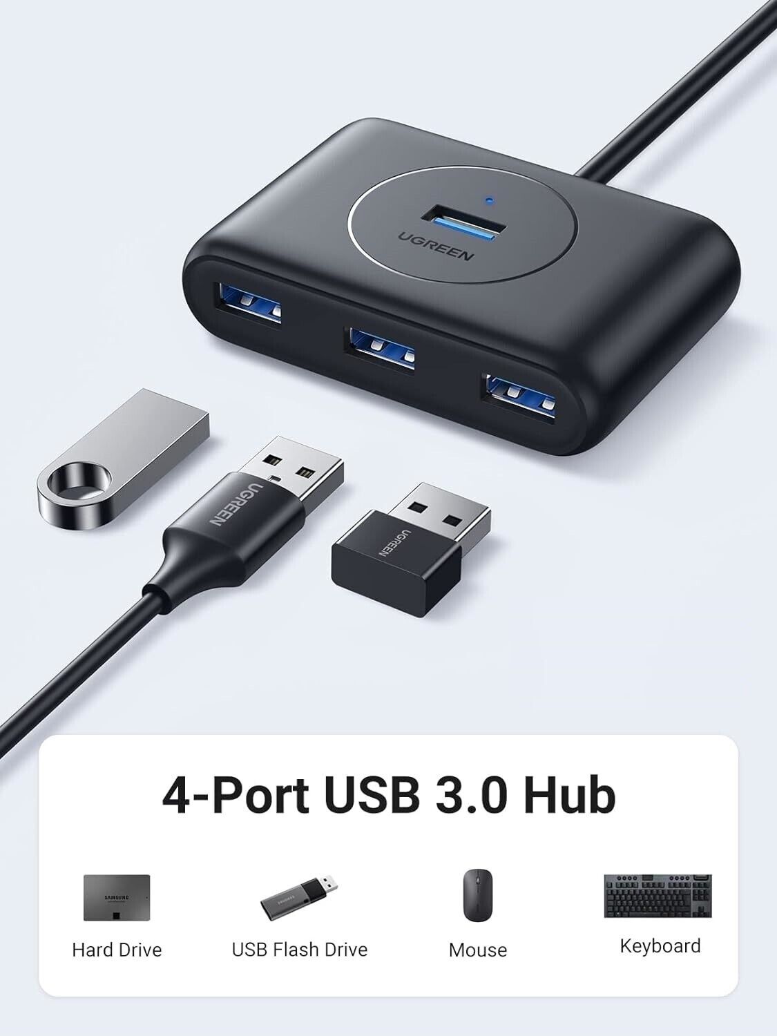 UGREEN USB Hub, 4-Port USB 3.0 Hub with 3Ft Extension Cable, High-Speed Portable