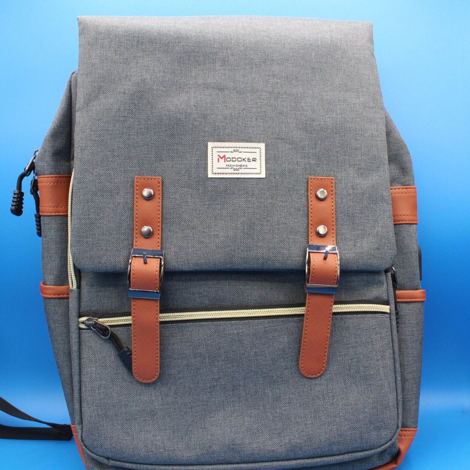 Modoker Vintage look Laptop Backpack Fashion Bag w/ USB Charging Gray Excellent