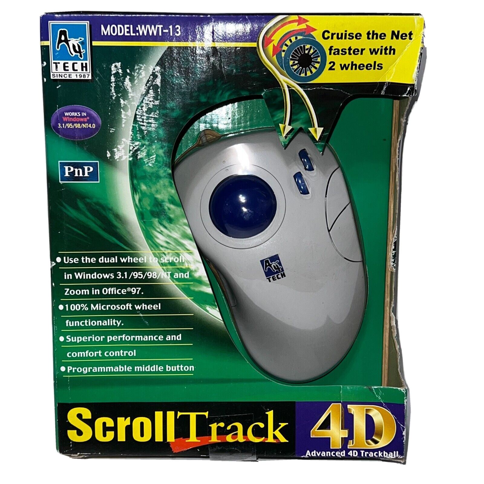 Vintage New Old Stock 90s A4 Tech WWT-13 Scroll Track 4D TrackBall Large Mouse