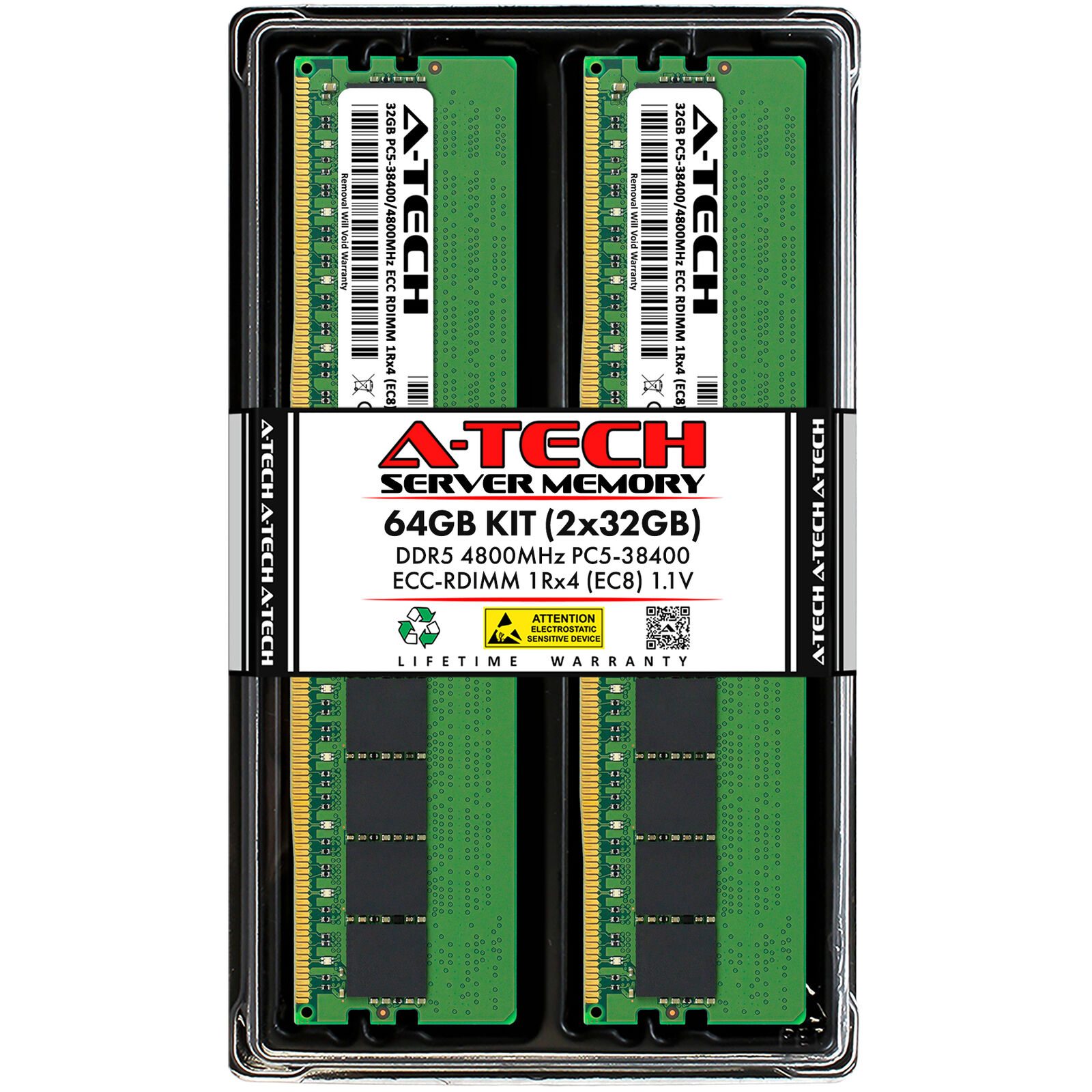 A-Tech 64GB 2x 32GB 1Rx4 PC5-38400R DDR5 4800MHz EC8 REG RDIMM Server Memory RAM