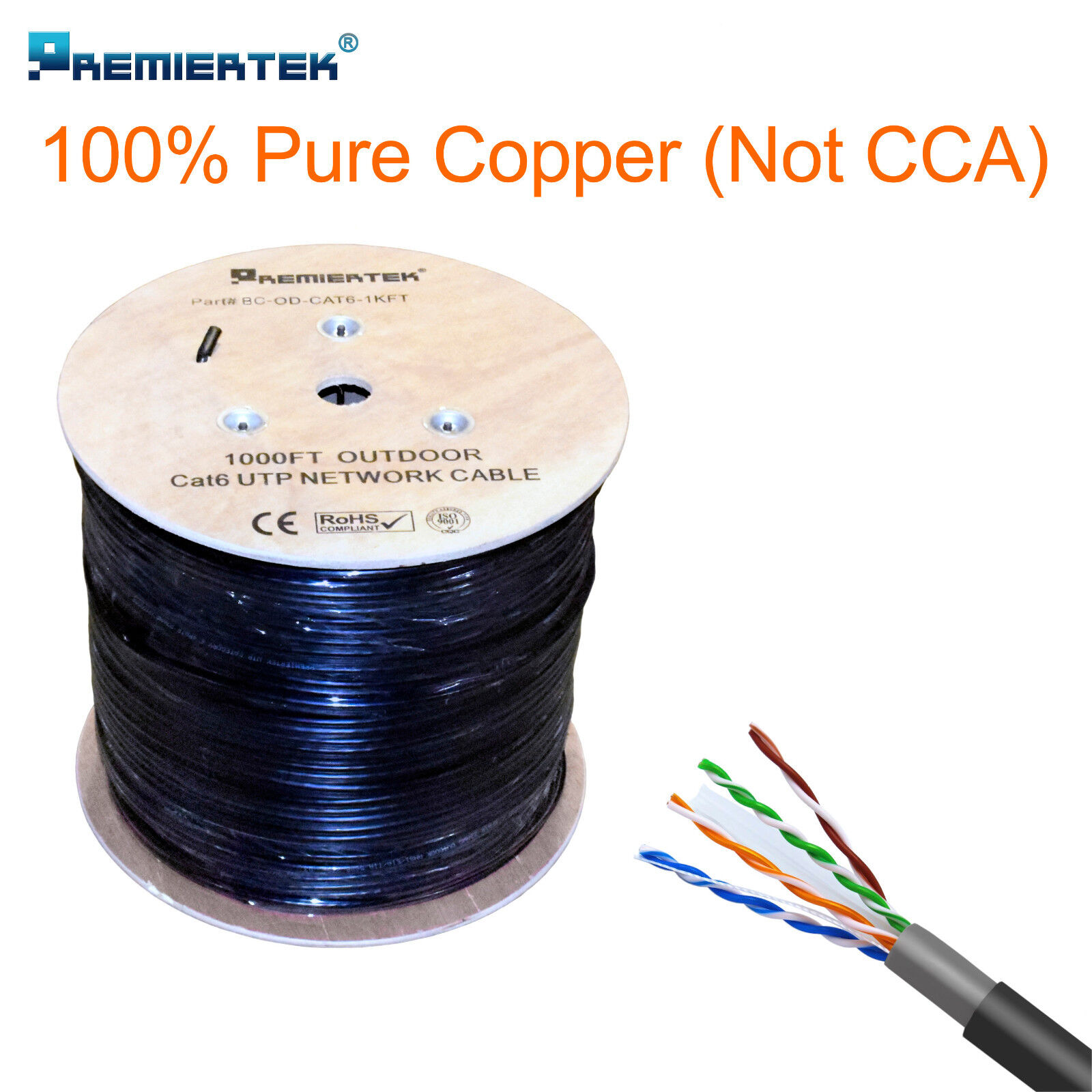 Pure Copper 1000ft CAT6 UV/CMX Waterproof Outdoor Direct Burial Network Cable