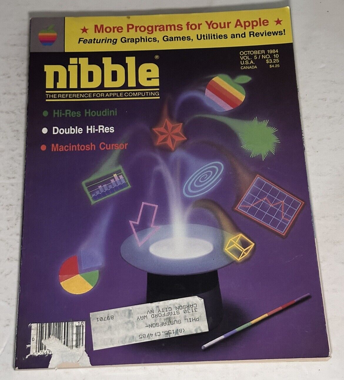 Vtg. October 1984 Nibble Magazine Hi-Res Houdini Macintosh Cursor 3-D Four Score