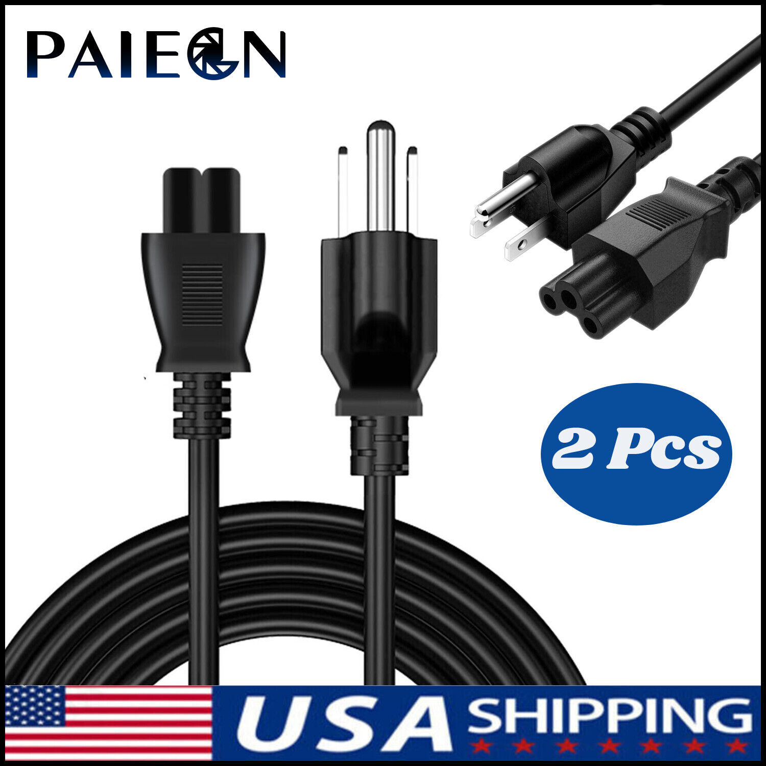Paiegn 2pc AC Power Supply Cord Cable Charger 1m for HP Dell XPS Lenovo Thinkpad