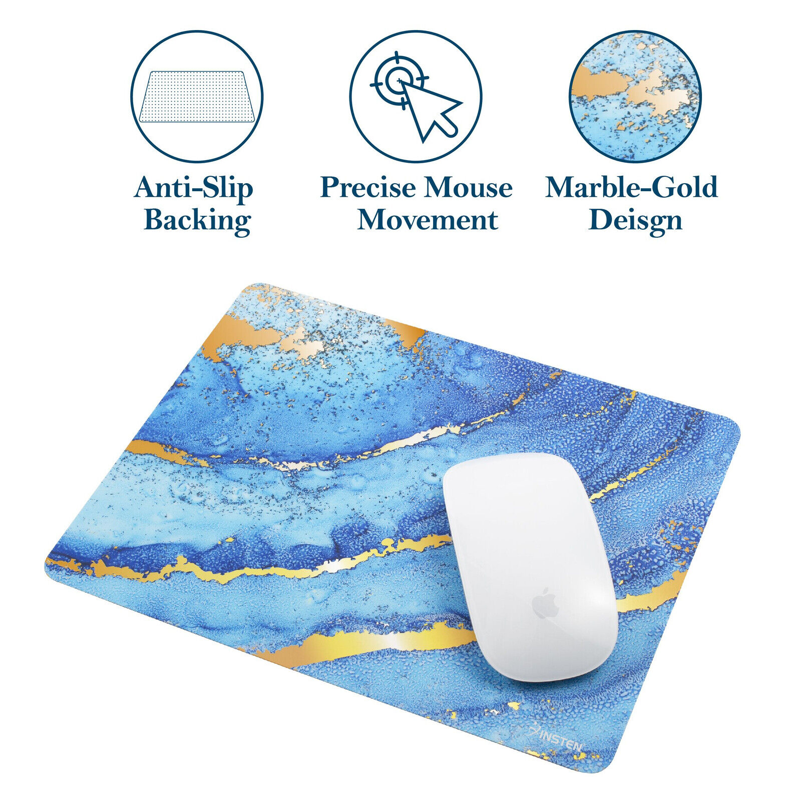 Mouse Pad, Gold Laser Marble, Hard Plastic, Ultra Thin, Anti Slip, Blue/Gold