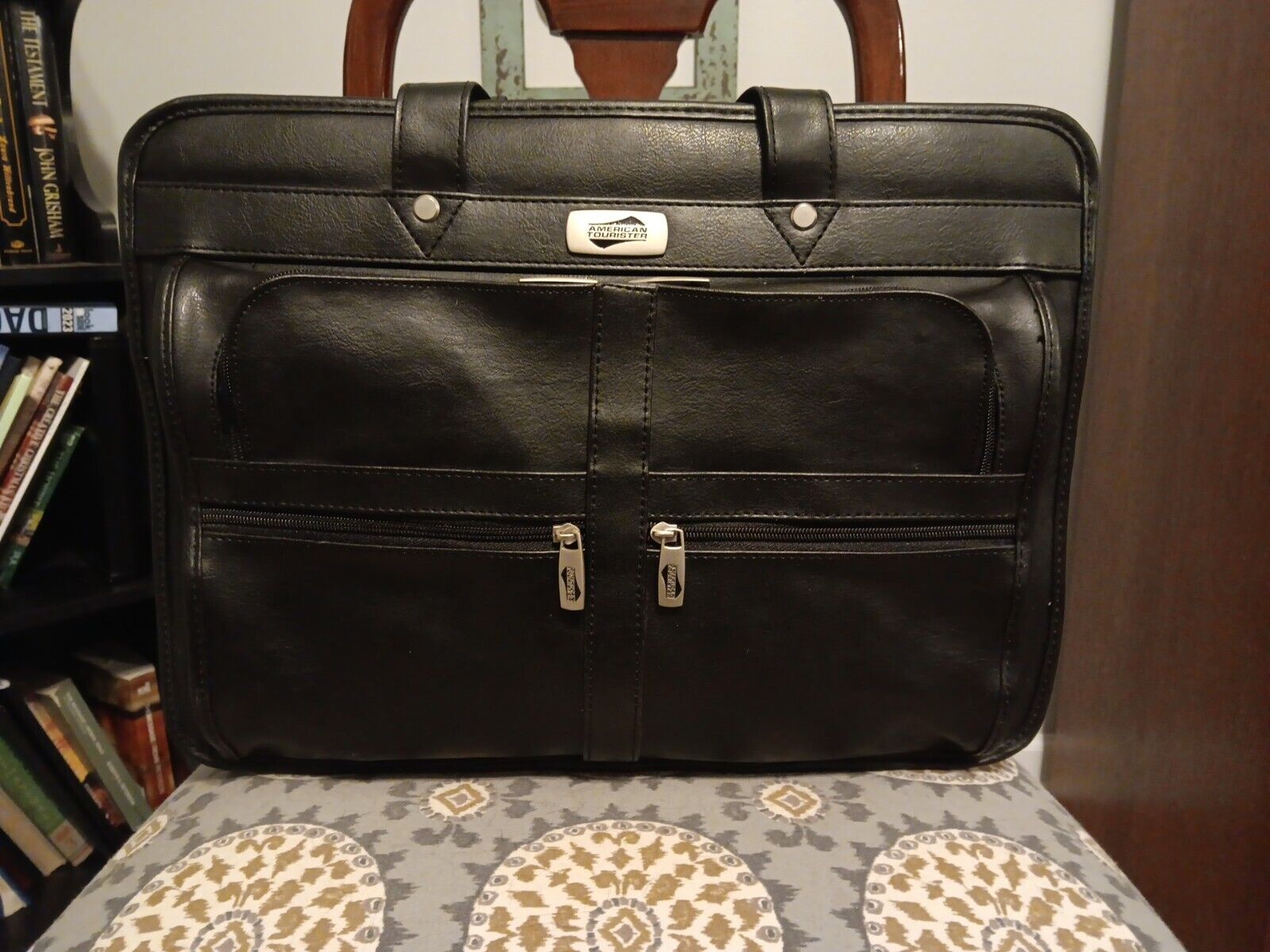 Vintage Black Leather American Tourister Laptop Briefcase Zippers Expandable