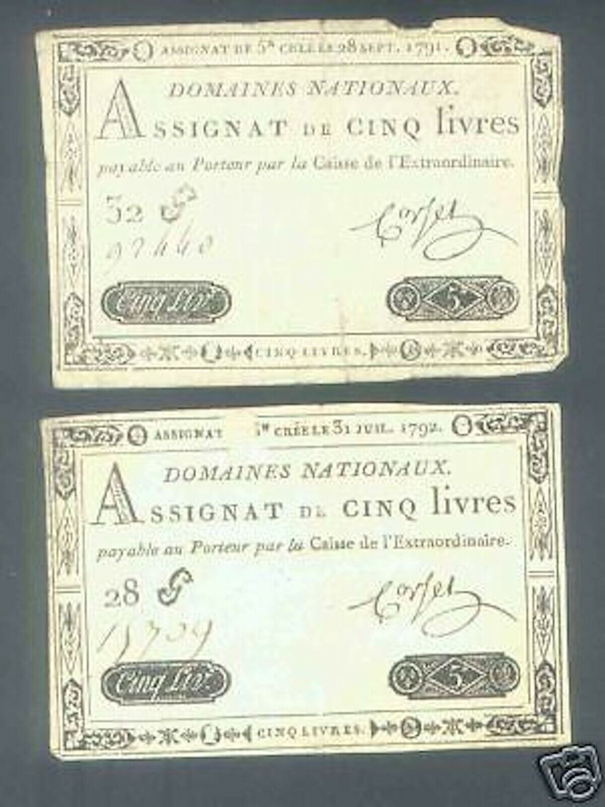 2 ROYAL EMBOSSED ASSIGNAT 5 LIVRES VALUE YEARS 1791 & 2