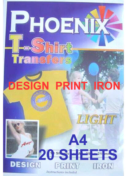 Phoenix Brand IRON ON T TEE Shirt LIGHT Transfer Paper A4 20 Sheets