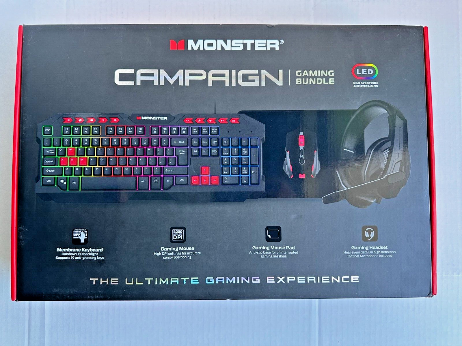 Monster 4-in-1 Gaming Keyboard, Headset, Mouse & Mouse Pad Campaign Bundle. NEW
