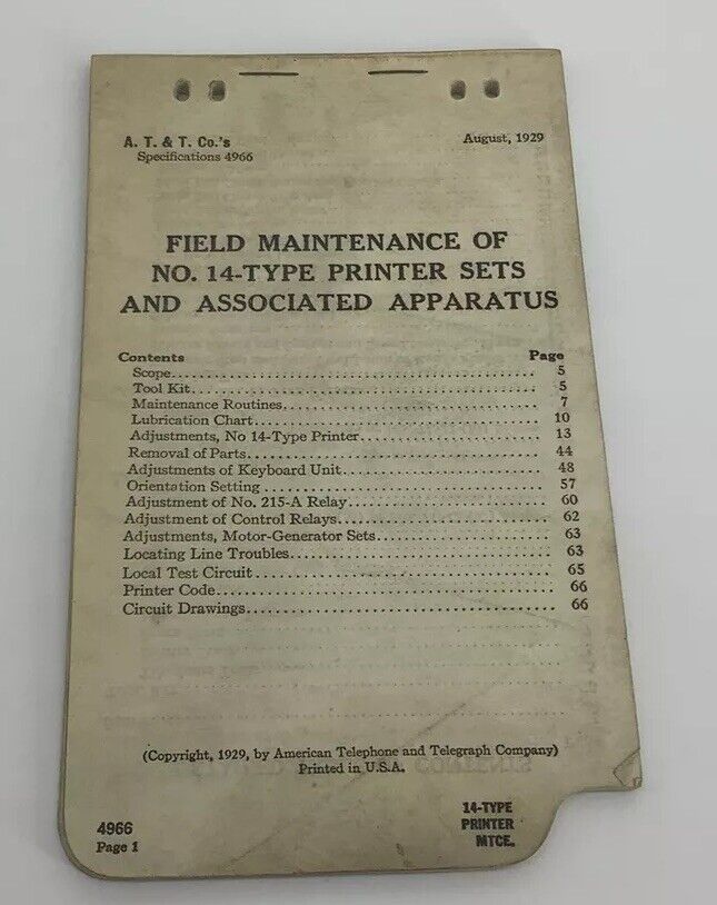 AT&T Co. August 1929 Field Maintenance Of NO. 14-Type Printer Sets Instructions 