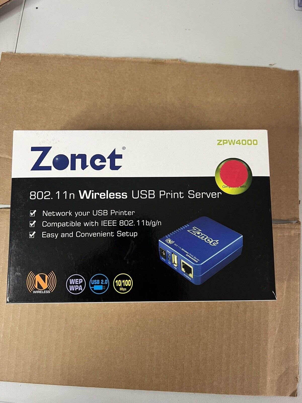 ZONET ZPW4000 WIRELESS-N PRINTSERVER USB RJ-45 802.11B/G/N 10/100 MBPS WPS WEP