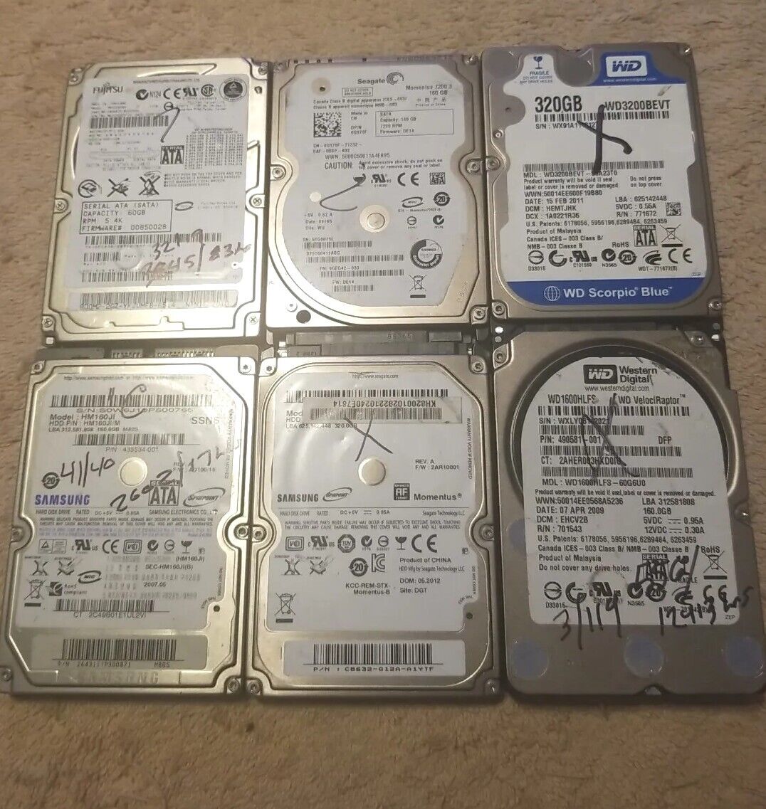 Lot Of Six For Parts Only Laptop Hard Drives All Non-working.