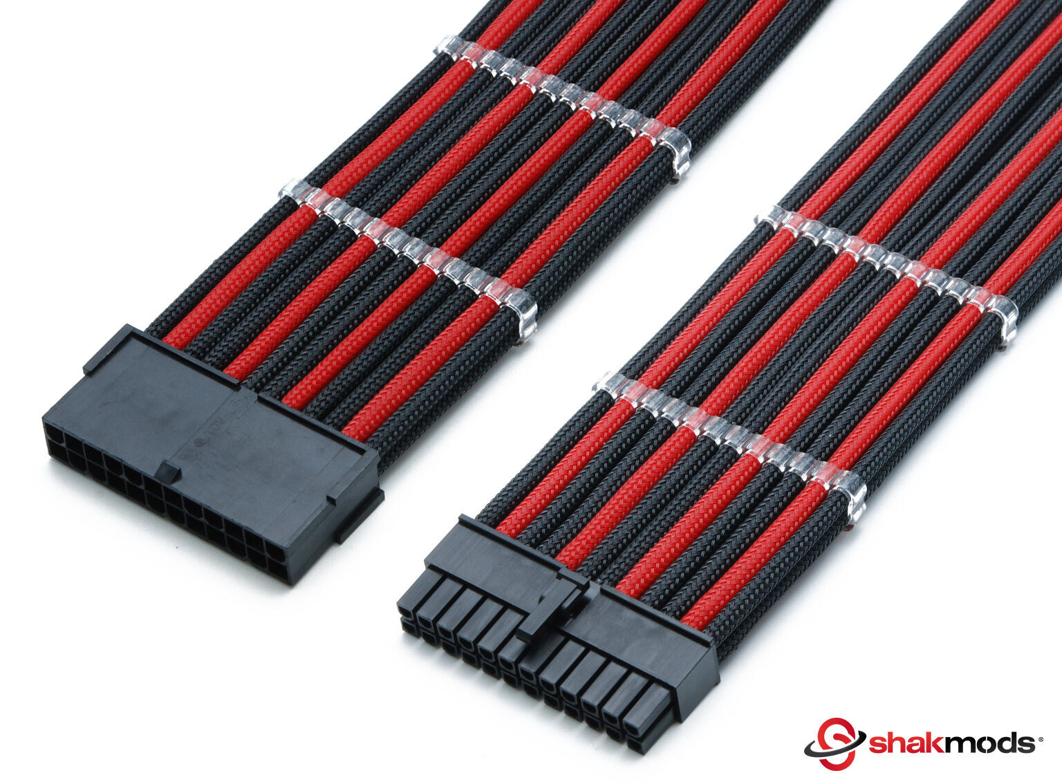 24pin ATX EPS CPU Black Red Sleeved Extension 30cm Shakmods With 2 Cable Combs