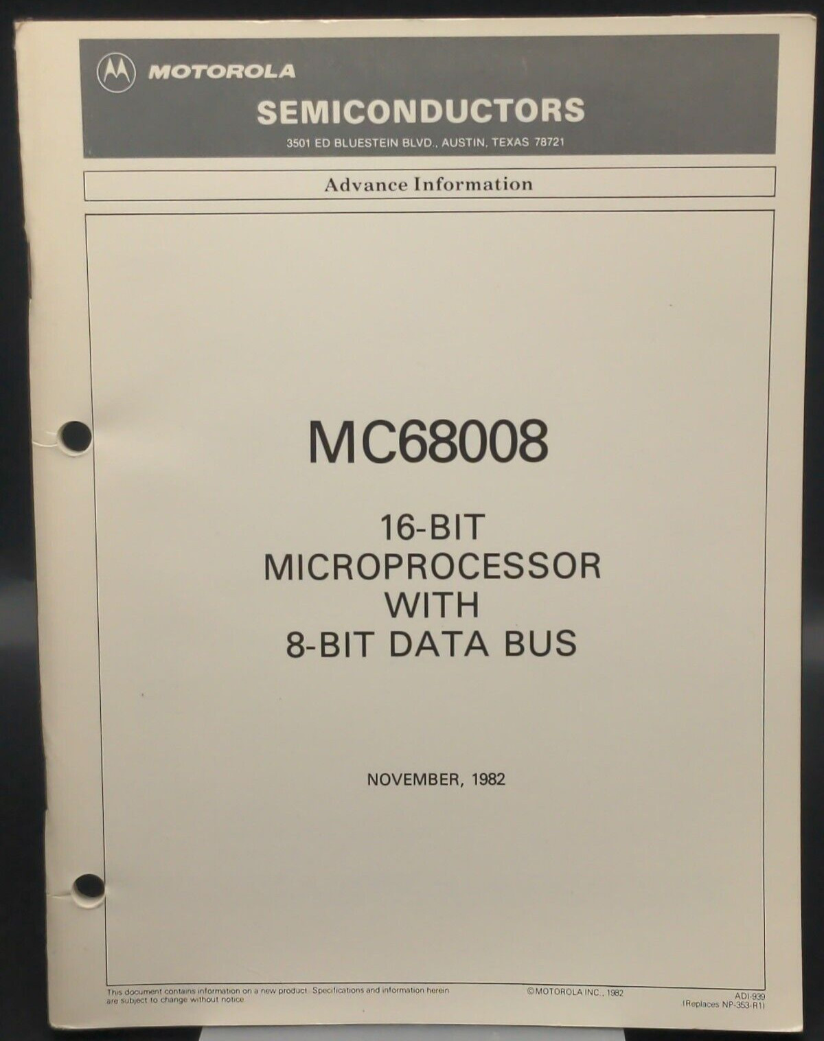 MOTOROLA MC68008 Semiconductor Chip Advance Information Reference Guide Nov 1982