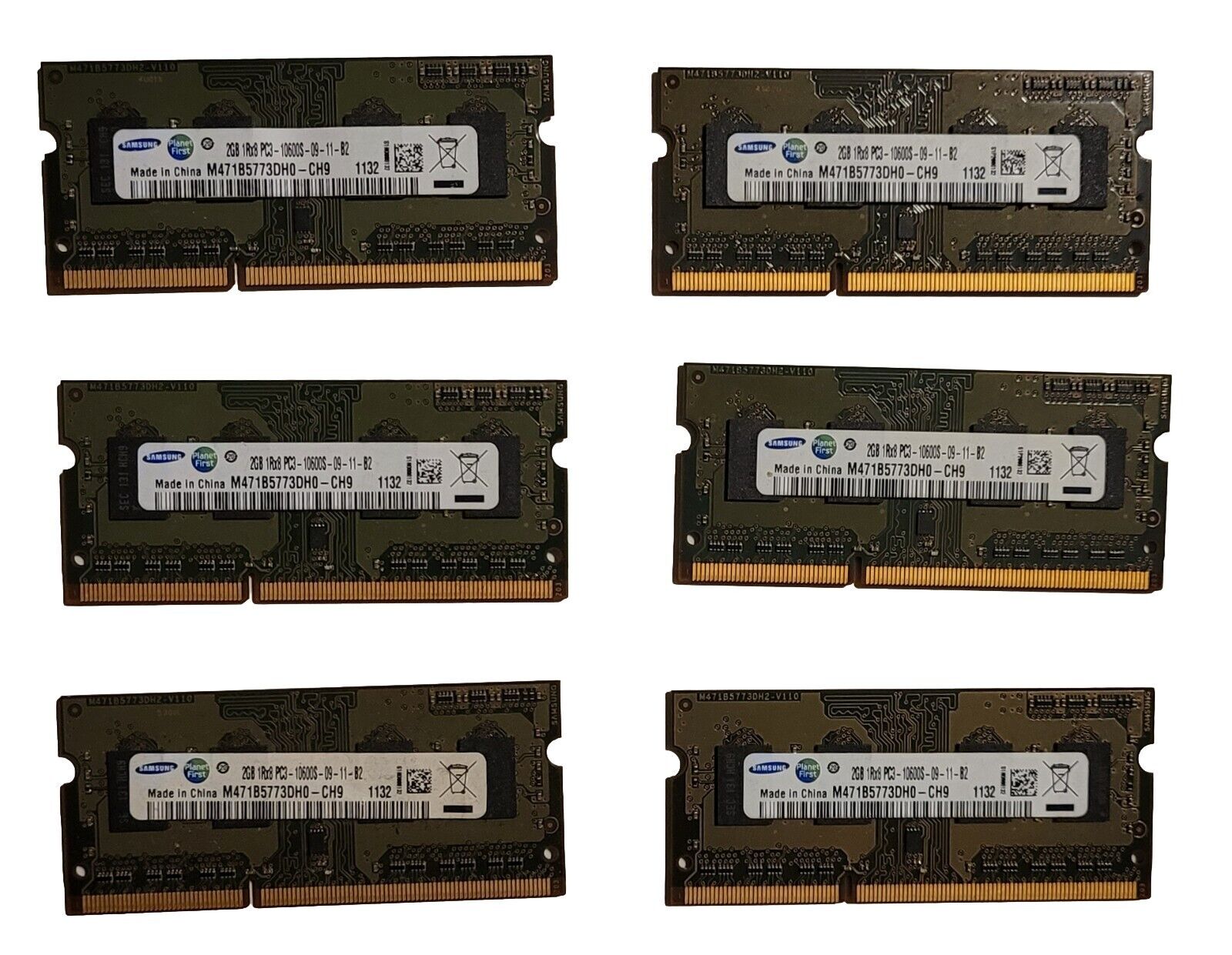 Samsung 2GB 1Rx8 PC3-10600S-09-11-B2 M471B5773DH0-CH9 1132 12GB 6x2GB Used