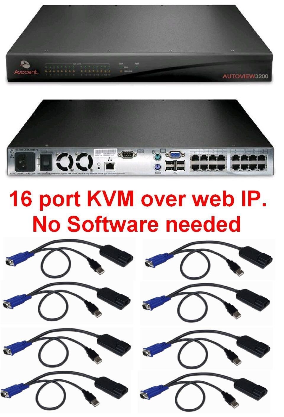 Avocent AUTOVIEW 3200 AV3200 16 port KVM Switch +8 AVRIQ-USB Modules