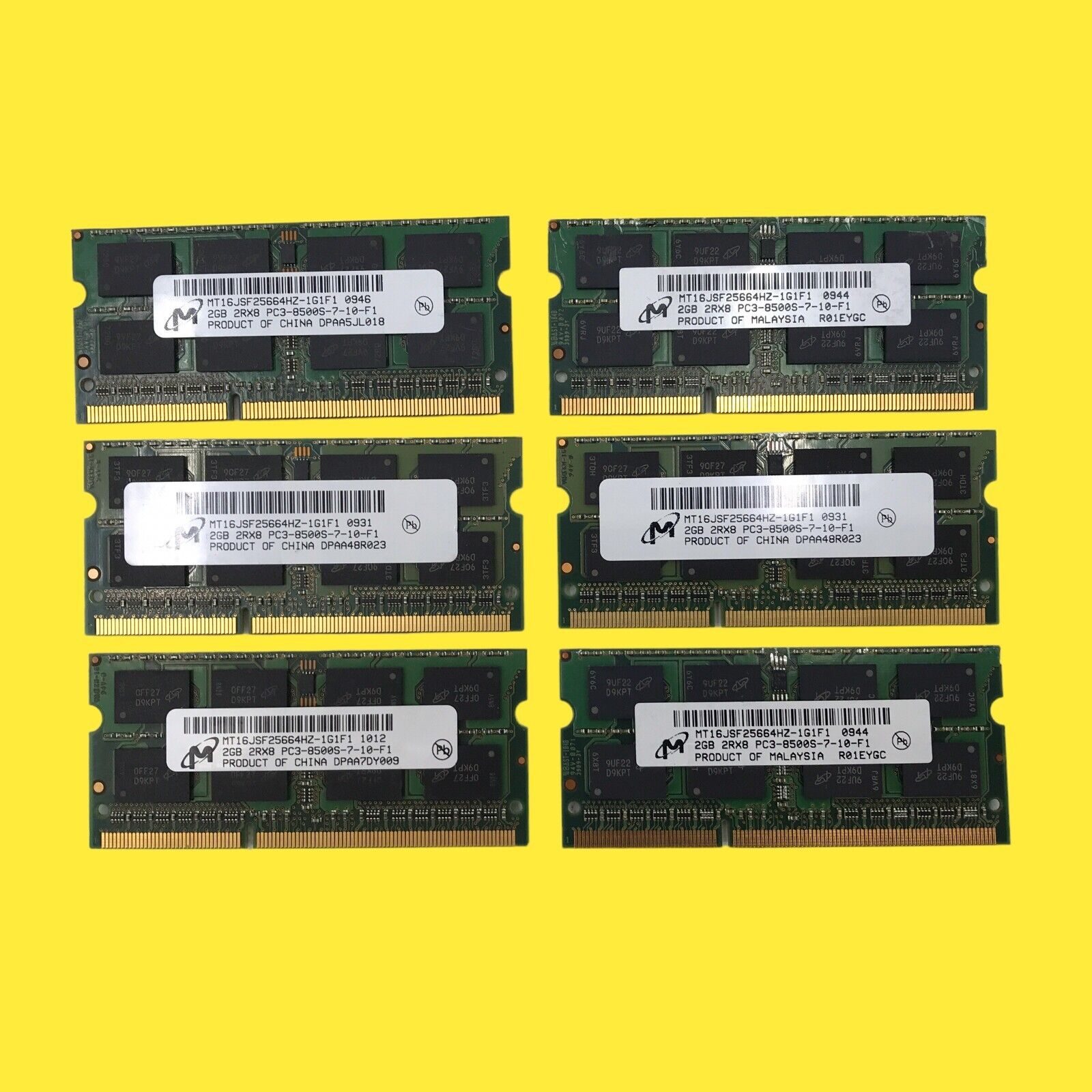 Lot of 6 Micron 2GB 2Rx8 PC3-8500s-7-10-F1 MT16JSF25664HZ-1G1F1 RAM Memory #1011