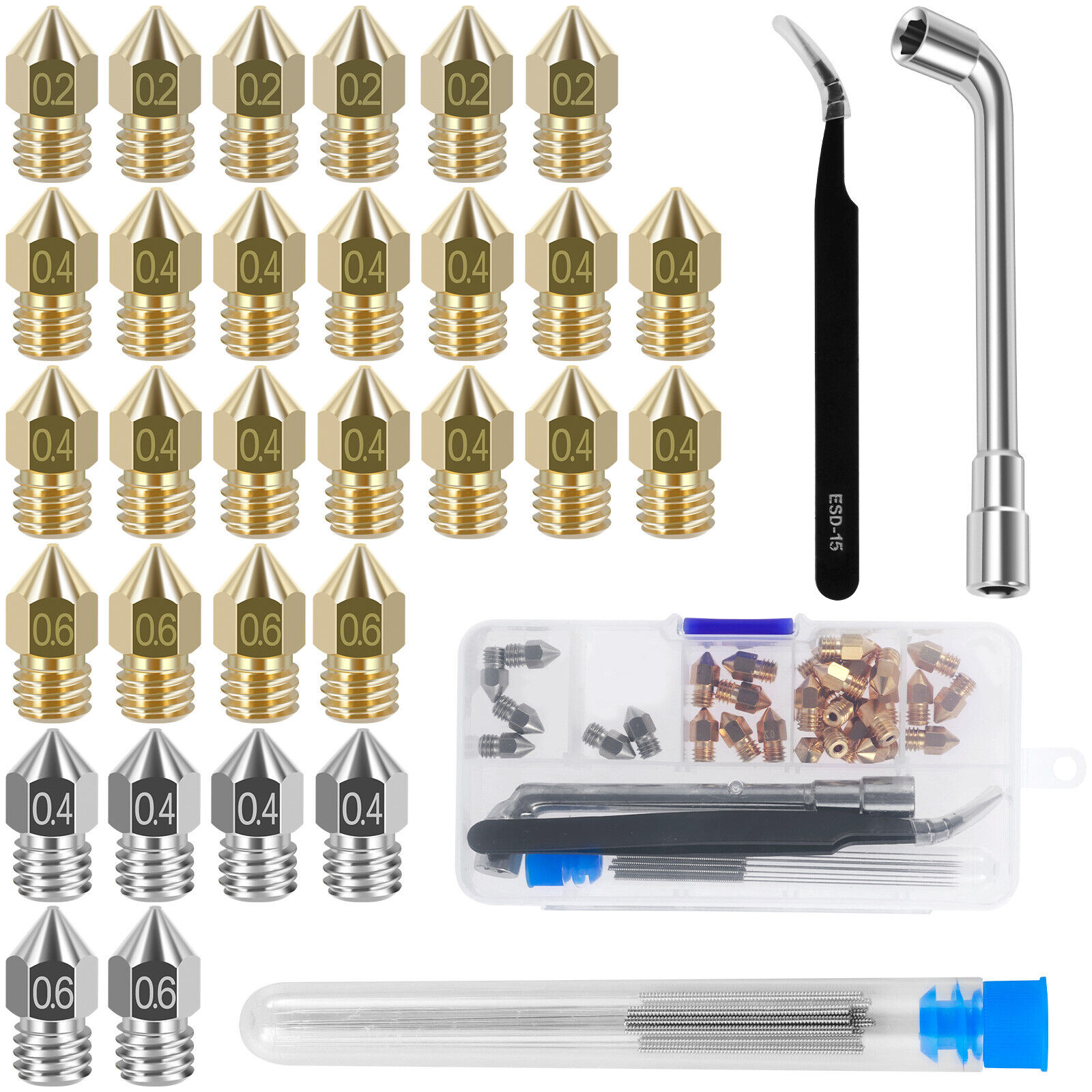 42Pcs 3D Printer Nozzles Kit Compatible with MK8 Hotend Brass Printing Nozzles☢